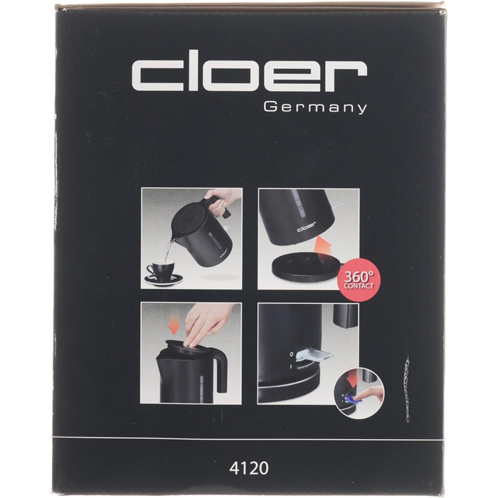 Електрочайник Cloer 4120, 2200 Вт, 1,2 л, чорний, захист від перегріву, велика індикація рівня води