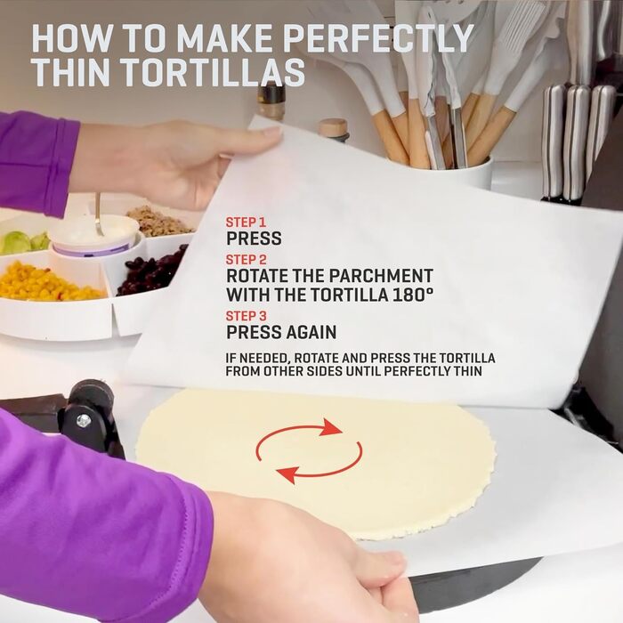 Пресс для тортилій Uno Casa Tortilla Presse 20 см - для тако, роті, з 100 шт. паперу для випікання
