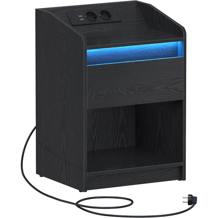 Приліжкова тумба Hzuaneri з LED-підсвіткою, USB і розетками, 1 шухляда, чорна, для спальні та вітальні