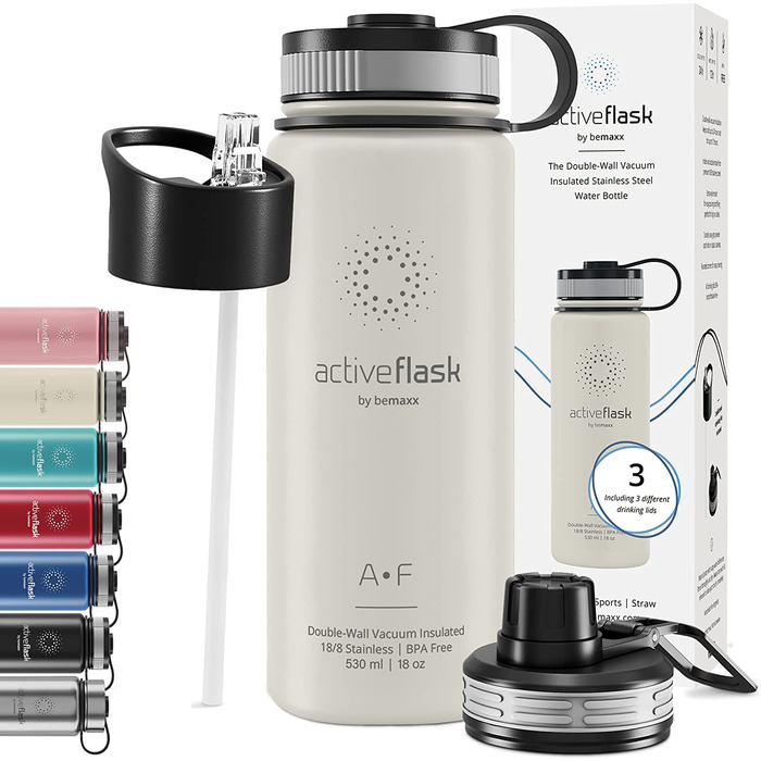 Термобутилка з нержавіючої сталі ACTIVE FLASK 530 мл з соломинкою, 3 кришки, BPA-free, герметична, підходить для газованої води, кремово-біла, для води, спорту, велосипеда, чаю, для дітей