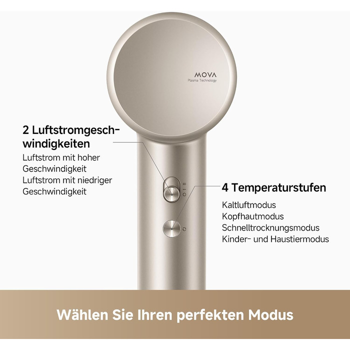 Фен для волосся MOVA Shine 10 Gold: безщітковий мотор 110 000 об/хв, плазмово-іонний догляд, NTC термоконтроль, з концентратором, для дому та салонів