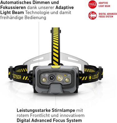 Налобний ліхтар Ledlenser HF8R Work, 1600 люмен, LED, акумуляторний, водонепроникний IP68, з червоним світлом, чорний/жовтий, для роботи та активного відпочинку