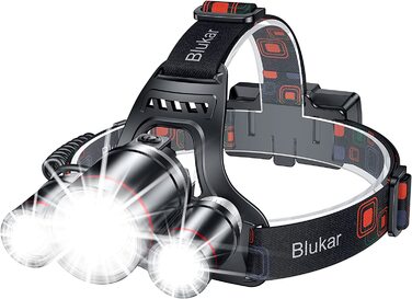 Blukar налобний ліхтар LED, 6000 люмен, акумуляторний, зум, 5 режимів світла, червоне світло, водонепроникний IPX6, регульований на 90°, для кемпінгу, риболовлі, ремонту, екстрених ситуацій, чорний
