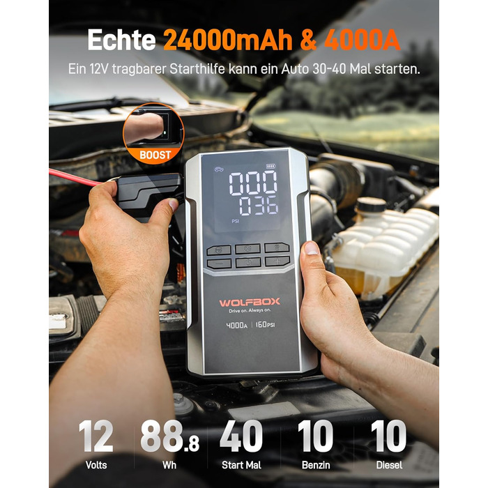 WOLFBOX 4000A: Пускозарядний пристрій з компресором 160PSI, 12V, 65W, 88.8Wh, для бензинових/дизельних двигунів 10L, LED-ліхтар, кабелі для пуску