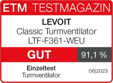 Levoit тихий баштовий вентилятор 28 дБ з дистанційним керуванням, 90° осциляцією, 4 режимами, 5 швидкостями, таймером на 12 годин, для охолодження, білий