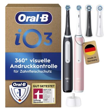 Електрична зубна щітка Oral-B iO Series 3, комплект з 2 щітками (матовий чорний та ніжно-рожевий) та 4 насадками