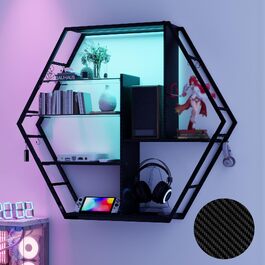 Плаваючі полиці YUSING RGB з підсвіткою 7 кольорів для ігор, настінні вітрини з 2 скляними полицями та 8 гачками, Hexagon (карбонове покриття)