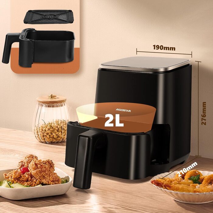 Аерофритюрниця Aigostar Dot 2Л: Airfryer з LED-сенсорним екраном, 8 програмами, 1200W, регулюванням температури та таймером, антипригарне покриття, BPA-free
