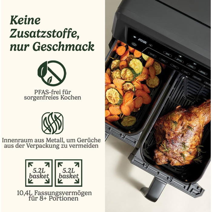 Фритюрниця Cuisinart XXL 10.4L з двома зонами, без PFAS та хімікатів. Брати, смажити, запікати, дегідратувати та підтримувати тепло. 2 камери (2 x 5.2L), 8+ порцій. Деталі придатні для миття в посудомийній машині. Чорний колір.