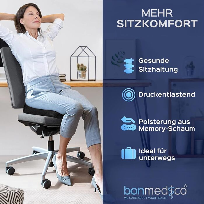 Ортопедична подушка для сидіння з піни Memory Foam – для офісного крісла, авто, інвалідного візка, підвищення сидіння, дорослим. Чорна, 41x41x5 см
