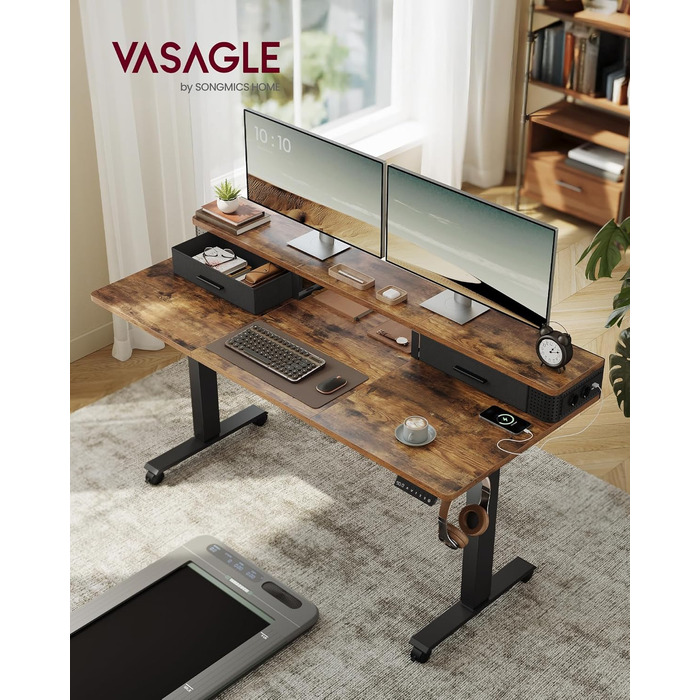 Електричний стіл VASAGLE з регулюванням висоти, 140x60x72-120 см, вінтажний коричневий LSD184KD02 - з підставкою під монітор, розетками та гачками