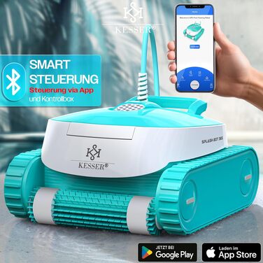 Робот-пилосос для басейну KESSER® для дна та стін (до 100 м²), з Wi-Fi керуванням та очищенням водолінії, для вбудованих басейнів, біло-бірюзовий