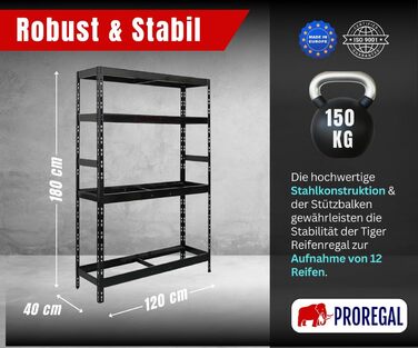 Стелаж для шин PROREGAL Tiger XL: 200x180x45 см, 300 кг навантаження, до 205/55 R16, для майстерні, складу, підвалу (12 шин + 2 полиці, чорний)