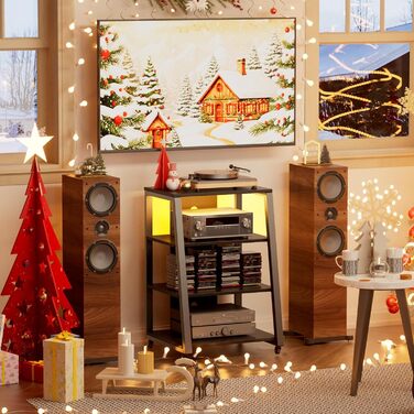 Polycote HiFi тумба з полицями на колесах, регульовані полиці, стійка для програвача з розетками та LED підсвіткою, коричнево-чорна, 60x55x90 см
