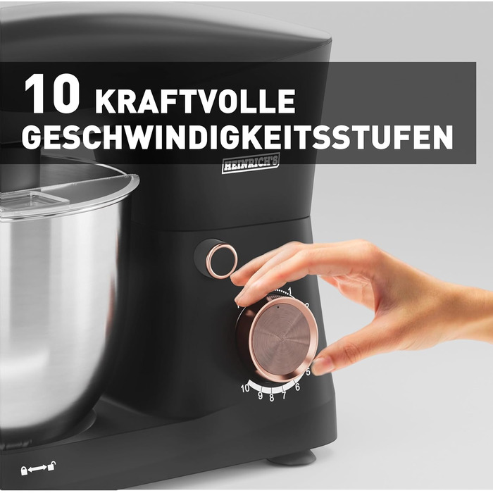 Кухонна машина Heinrichs 1500W з місткою чашею 6L з нержавіючої сталі, 10 швидкостей, титан, міксер, тістоміс, планетарний міксер