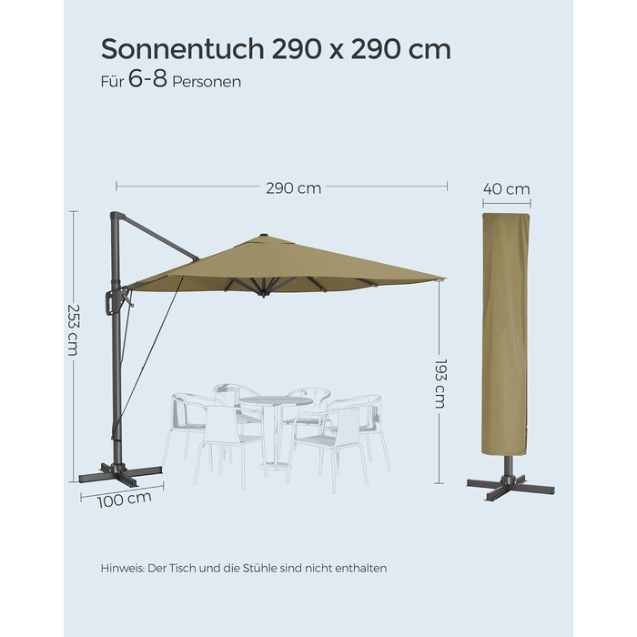 Парасоля для саду SONGMICS 290x290 см, ампельна, захист від UV UPF 50+, обертається на 360°, регулювання нахилу, зі стійкою, ременями та чохлом, колір лаврово-зелений