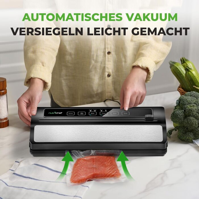NutriChef PKVS Вакуумний пакувальник стартовий набір | Автоматичний запаювач пакетів | Компактна система для збереження свіжості продуктів | Перевірена в лабораторії, універсальна система консервації продуктів (Сухе/Вологе) | Срібно-чорний колір