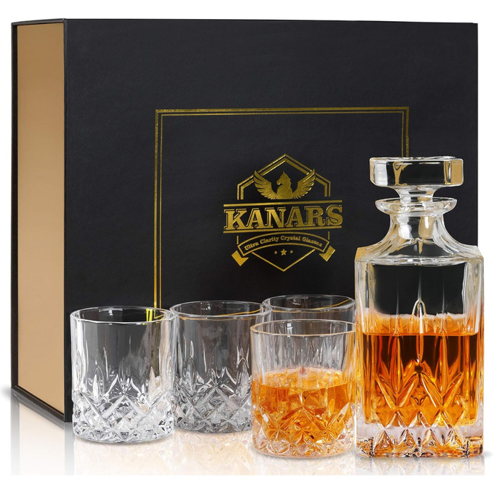 KANARS набір для віскі з графином і склянками, безсвинцевий кришталь, 750 мл декантер + 4 склянки по 300 мл, для віскі, коньяку, мартіні, у подарунковій коробці