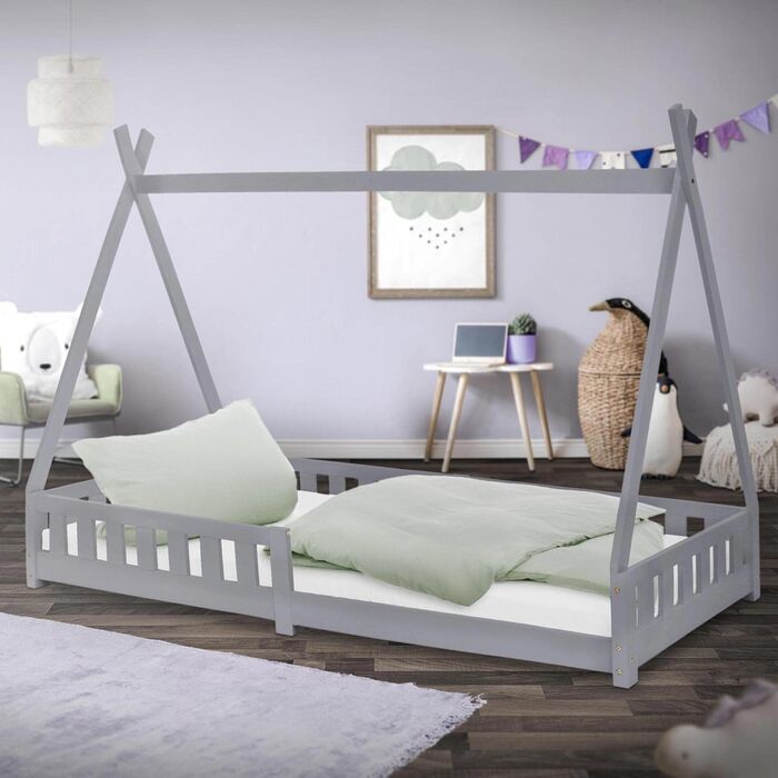 Дитяче ліжко Tipi ML-Design 90x200 см, світло-сіре, з бортиком і ламелями, з масиву сосни, індіанський будиночок для дівчаток і хлопчиків, ігрове ліжко-затишне намет-домік