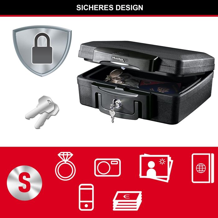 Вогне- та водонепроникна сейф-коробка MASTER LOCK H0100EURHRO з ключем, 5 л, для документів, прикрас, електроніки