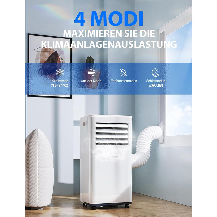 Мобільний кондиціонер 9000 BTU 4-в-1: охолодження, осушення, вентиляція, таймер на 24 год, білий