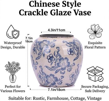 Ваза керамічна Blau-weiße Chinoiserie 27.9 см вінтажна для квітів та декорацій в стилі рустик, блакитна ваза для букета