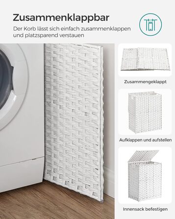 Кошик для білизни SONGMICS з кришкою, 90 л, 2 відділення, знімний мішок з ручками, ручне плетіння, для спальні та ванної, 33x46x60 см, білий