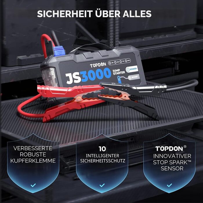 Бустерний пускач TOPDON JS3000 3000A, портативний Jump Starter для авто (бензин до 9л, дизель до 7л), Powerbank 24000mAh з LED-ліхтарем та чохлом