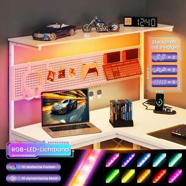 Ігровий стіл YOUDENOVA L-подібний з LED, розеткою USB, поличкою та перфорованою стінкою, 120x80 см. Комп'ютерний стіл для геймерів та дому, білий