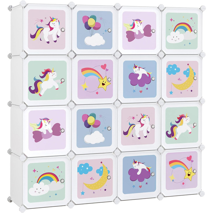Модульна шафа SONGMICS з 16 кубиків, біла, пластиковий дитячий органайзер для іграшок, одягу і взуття, 123x31x123 см, з дверцятами