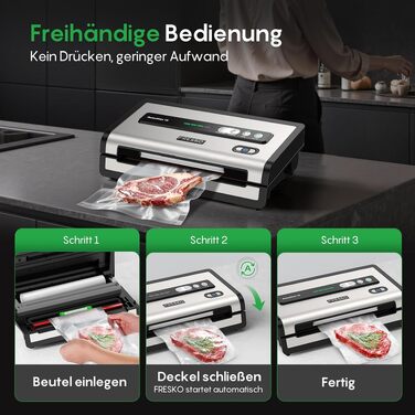 Вакууматор FRESKO AutoMax для продуктів, 140 Вт, 18 л/хв, з вбудованим різаком для пакетів, сріблястий