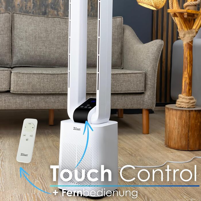 Вентилятор без лопатей Zilan Turmventilator з пультом ДУ, 12 режимів, BLDC мотор, 45° осциляція, таймер 15 год, LED дисплей, енергозберігаючий, білий