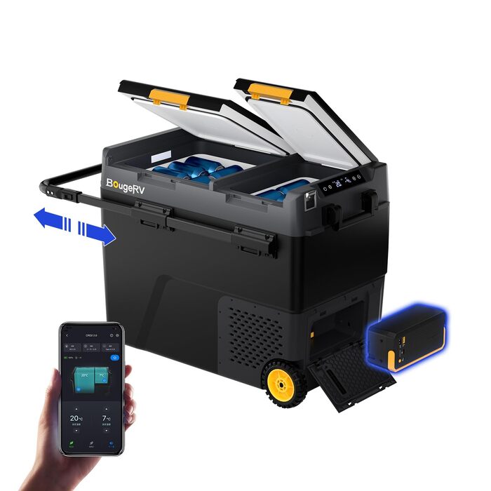 Двозонний компресорний холодильник BougeRV CRD2 V2.0 57L з акумулятором 240Wh, колесами та ручкою, керування через APP, 12V/24V/230V, IPX4, від -20°C до 20°C