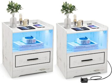 Тумба приліжкова GIANTEX з LED підсвіткою, 3 кольори, 2 шт, сенсор руху, USB та Type-C зарядка, біла