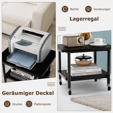 Принтерний столик GOPLUS з коліщатками, тумба для друку з 2 полицями, мобільний візок для офісу та дому, дерев'яний, поворотний на 360°, чорний