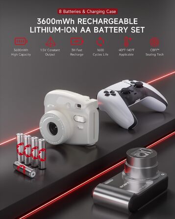 Набір акумуляторів PHOTOOLEX AA (8 шт) з зарядним пристроєм та кейсом, 3600mWh, 1.5V, висока ємність, перезарядні літієві батарейки