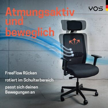 Офісний стілець YOS S5 з підтримкою спини та голови, чорний. Ergonomічний стілець до 150 кг, Made in Germany