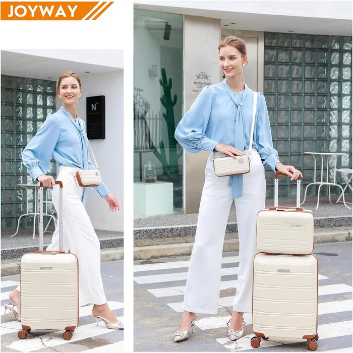 Набір валіз Joyway 5шт з жорстким корпусом, 4 колеса та TSA-замок. В комплекті: косметичка та сумка. (Білий/Коричневий)