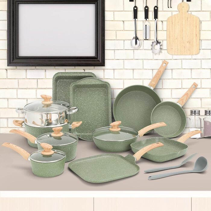 Набір посуду Kitchen Academy 17 предметів: каструлі та сковорідки з гранітним покриттям для індукції, зі скляними кришками, зелений