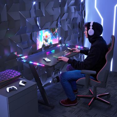 Ігровий стіл JUMMICO з RGB LED-підсвіткою, стійкий комп'ютерний стіл для геймерів та домашнього офісу, з тримачем для навушників та підстаканником, 120 x 60 см, чорний