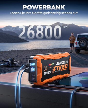 Бустер для автомобіля Starthilfe Powerbank 9000A 26800mAh — Пусковий пристрій для бензинових та дизельних двигунів (до 12.0L), 12V з ліхтарем 800 Лм та USB-портами, помаранчевий