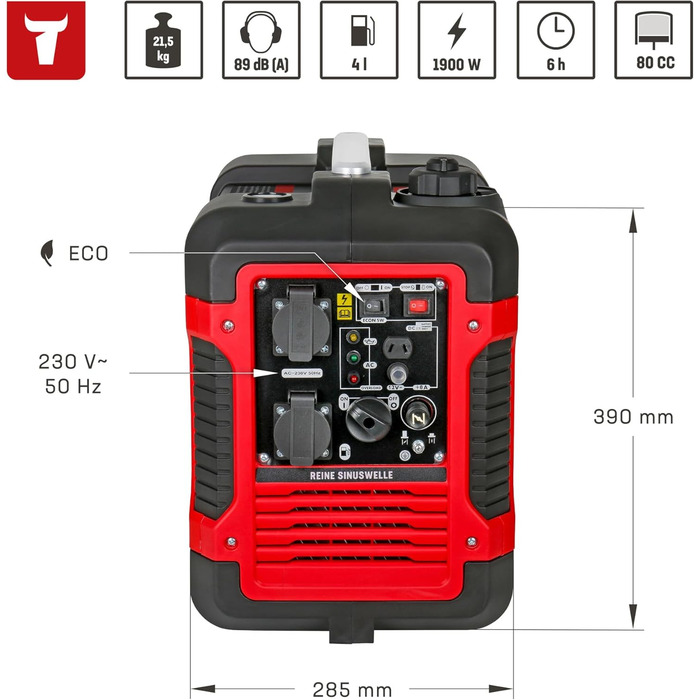 Генератор STIER SNS-190 Premium: бензиновий інверторний генератор, 4 л, 6 годин роботи, тихий (59 дБ), 4-тактний двигун, датчик масла, Eco-режим