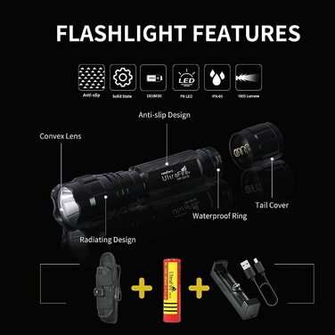 Ліхтар UltraFire WF-501B LED 1000 Люмен з кобурою, тактичний міні-ліхтар на акумуляторі 3,7V 1800mAh з зарядним пристроєм