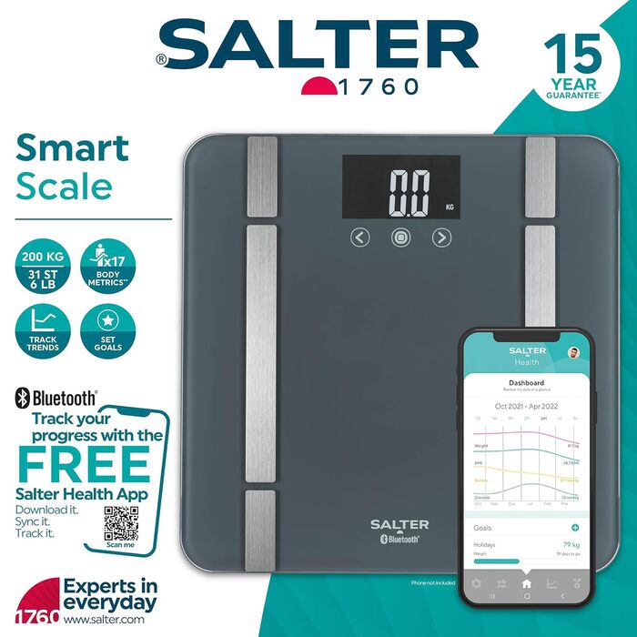 Розумні ваги Salter SA00432GFEU6 для ванної кімнати, Bluetooth, 200 кг, аналіз жиру, води, м’язової та кісткової маси, ІМТ, БМР, 8 користувачів, синхронізація з додатком Salter Health, сірі
