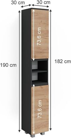 Пенал для ванної Vicco J-Shape, антрацит/дуб, 30x190 см, сірий