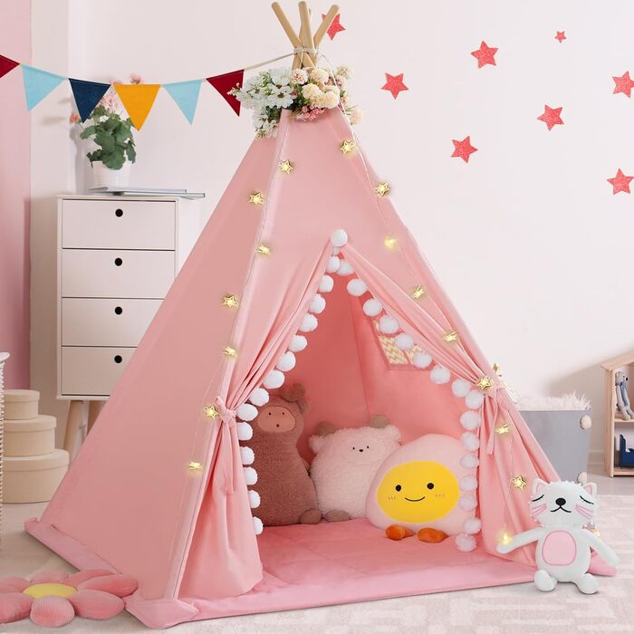 Дитяче намет Tipi з м'якою матрацом, бавовна, канвас. Намет Tipi для дітей з гірляндами, сумкою, прапором (білий, рожевий)