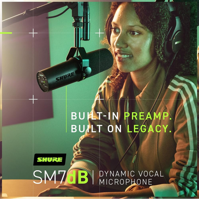Мікрофон Shure SM7dB динамічний для мовлення, вокалу та подкасту з вбудованим підсилювачем, широкий частотний діапазон, теплий м'який звук, чорний