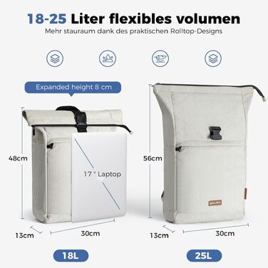 Водонепроникний рюкзак для ноутбука Rolltop 18-25Л, бежевий (30x13x48 см)