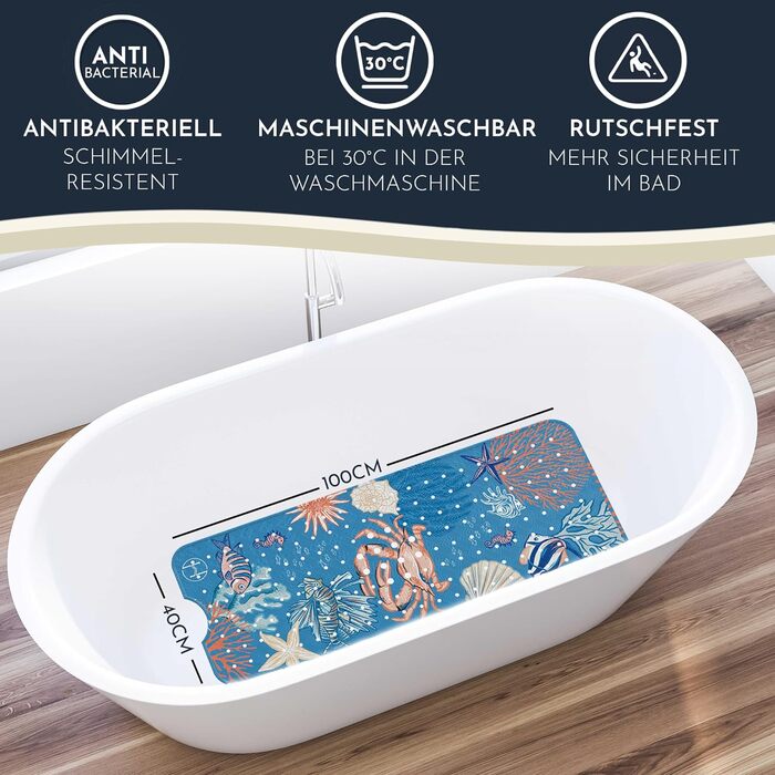 Гумовий килимок для ванни Homerella, антиковзний, 100% BPA-вільний, 100x40 см, з 2 гачками, для чутливої шкіри, стійкий до цвілі, машинне прання, синій кораловий риф