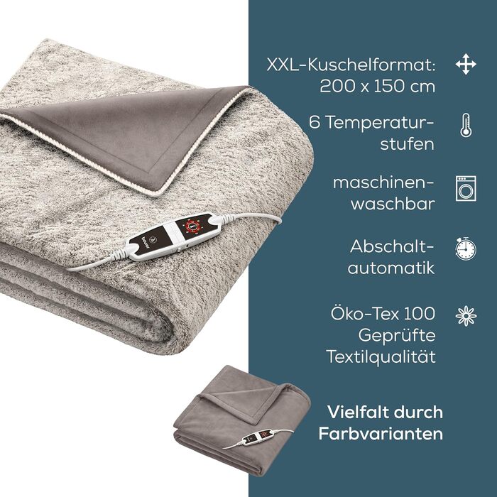 Електрична грілка-ковдра Beurer HD 150 XXL Nordic, 200x150 см, 6 температурних режимів, автоматичне відключення, машинне прання, м'яка флісова ковдра, колір тауп